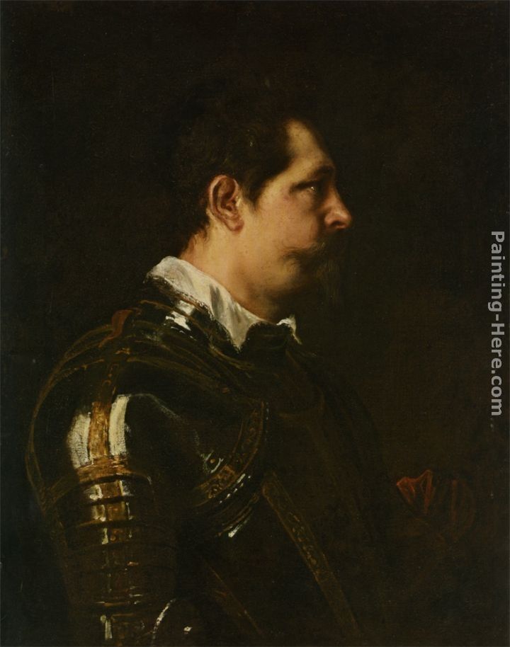 Sir Antony van Dyck Portrait of a Military Commander bust length in Profile in Damascened armour with white collar and red sash